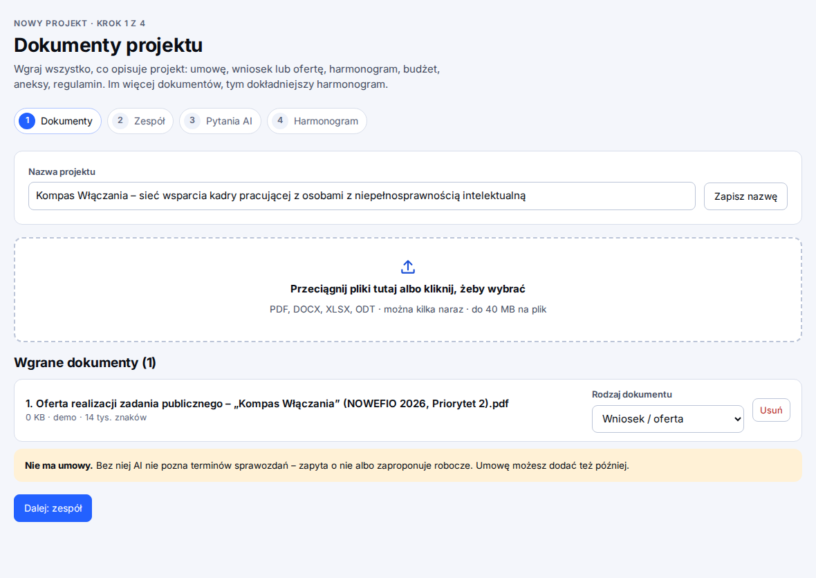 Ekran wgrywania dokumentów projektu