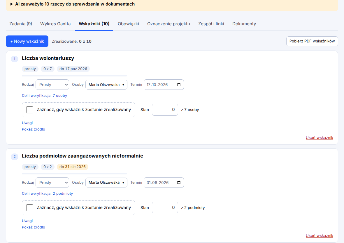 Wskaźniki rezultatu z postępem realizacji