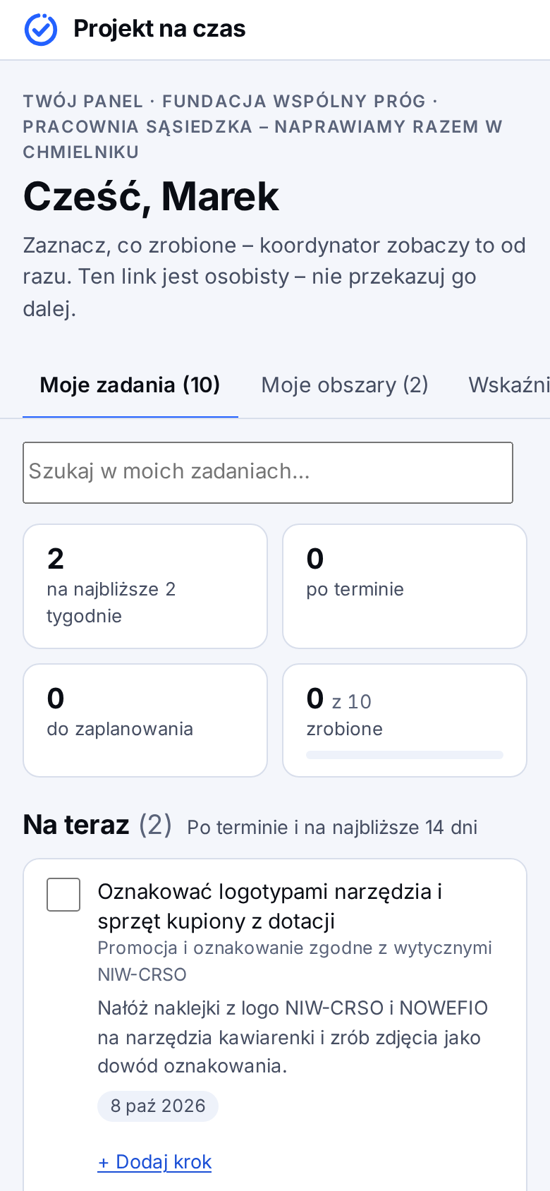 Panel osoby z zespołu na telefonie: lista zadań na najbliższe dni z polem do odhaczenia
