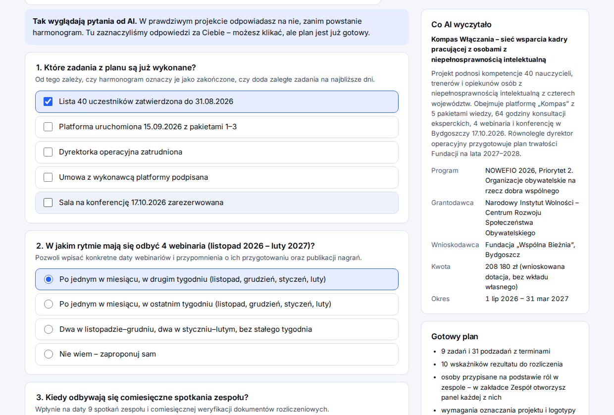 Pytania AI o szczegóły projektu z odpowiedziami do wyboru